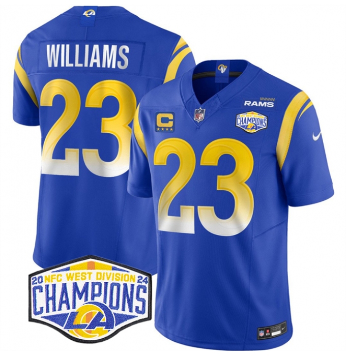 Men's Los Angeles Rams #23 Kyren Williams Blue 2024 NFC West Champions With 4-Star C F.U.S.E. Vapor Untouchable Stitched Football Jersey