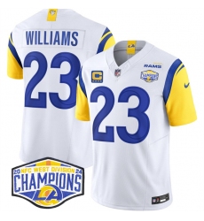 Men's Los Angeles Rams #23 Kyren Williams White 2024 NFC West Champions With 4-Star C F.U.S.E. Vapor Untouchable Stitched Football Jersey