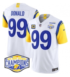 Men's Los Angeles Rams #99 Aaron Donald White 2024 NFC West Champions With 4-Star C F.U.S.E. Vapor Untouchable Stitched Football Jersey