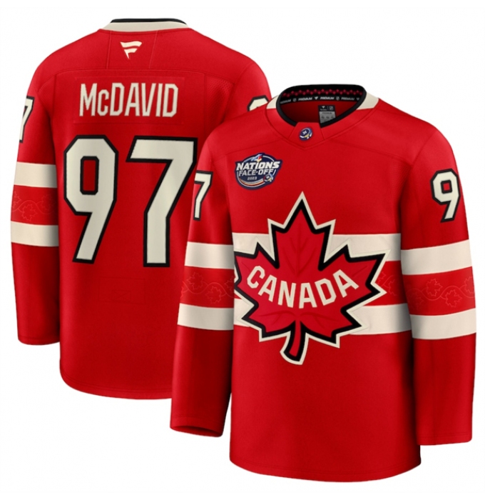 Men's Canada #97 Connor McDavid Red 2025 4 Nations Face-Off Premium Stitched Jersey