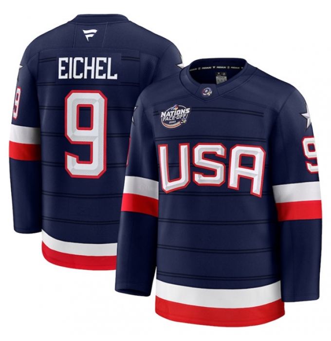 Men's USA #9 Jack Eichel Navy 2025 4 Nations Face-Off Stitched Jersey