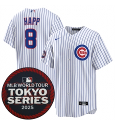 Men's Chicago Cubs #8 Ian Happ White 2025 World Tour Tokyo Series Home Stitched Baseball Jersey