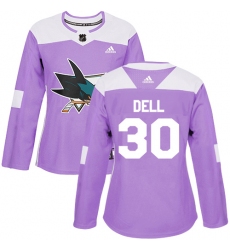 Women's Adidas San Jose Sharks #30 Aaron Dell Authentic Purple Fights Cancer Practice NHL Jersey