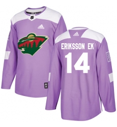 Men's Adidas Minnesota Wild #14 Joel Eriksson Ek Authentic Purple Fights Cancer Practice NHL Jersey