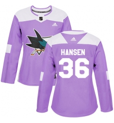 Women's Adidas San Jose Sharks #36 Jannik Hansen Authentic Purple Fights Cancer Practice NHL Jersey