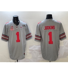 Men's Ohio State Buckeyes #1 Quinshon Judkins Grey 2025 CFP Final With National Champions F.U.S.E. Vapor Limited Stitched Football Jersey