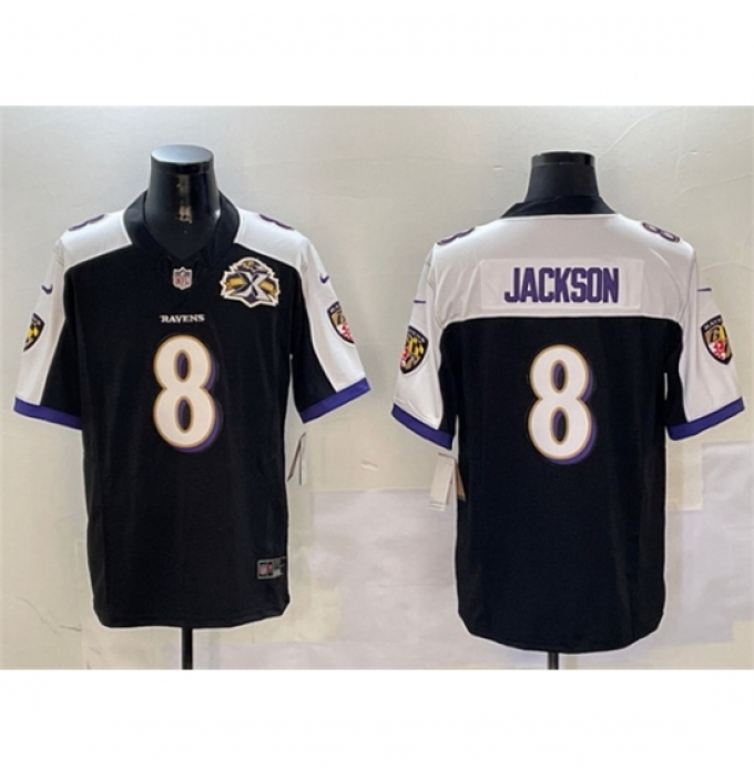 Men's Baltimore Ravens #8 Lamar Jackson Black White 2023 F U S E With Throwback Vapor Limited Jersey