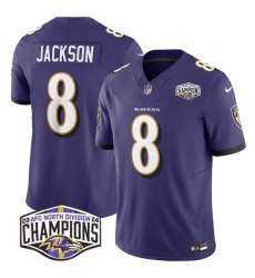 Men's Baltimore Ravens #8 Lamar Jackson Purple F.U.S.E 2024 AFC North Division Champions Vapor Limited Football Jersey