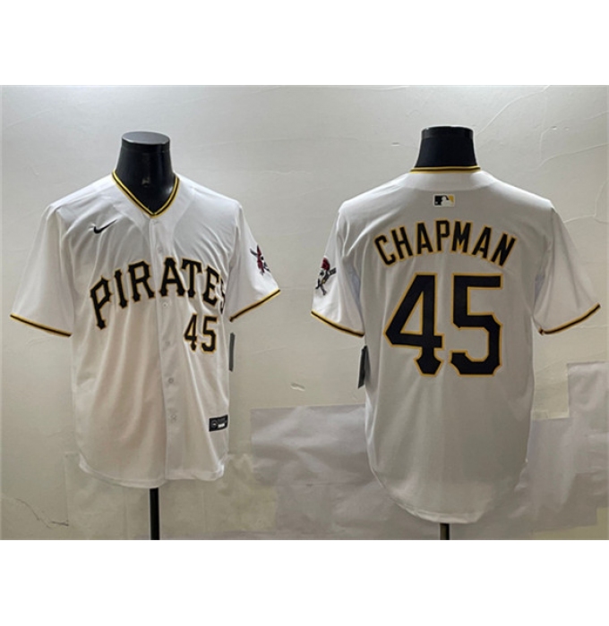 Men's Pittsburgh Pirates #45 Aroldis Chapman White Home Limited Stitched Baseball Jersey