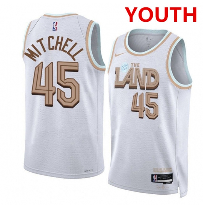 Youth Cleveland Cavaliers #45 Donovan Mitchell White City Edition Stitched Jersey