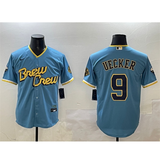 Men's Milwaukee Brewers #9 Bob Uecker Powder Blue City Connect With Cool Base Stitched Jersey