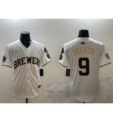 Men's Milwaukee Brewers #9 Bob Uecker White Gold With Home Limited Stitched Baseball Jersey