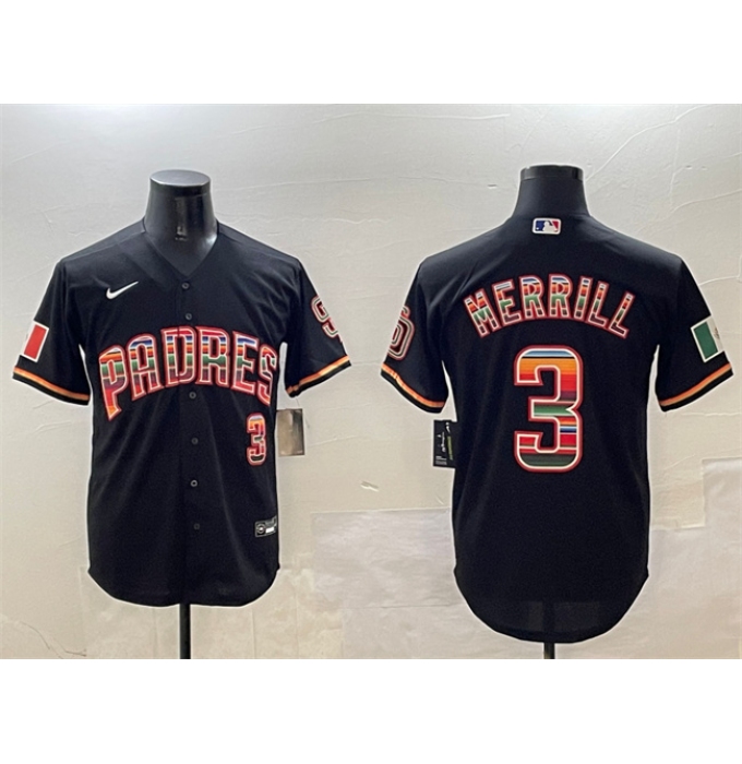 Men's San Diego Padres #3 Jackson Merrill Black Mexico Cool Base Stitched Baseball Jersey