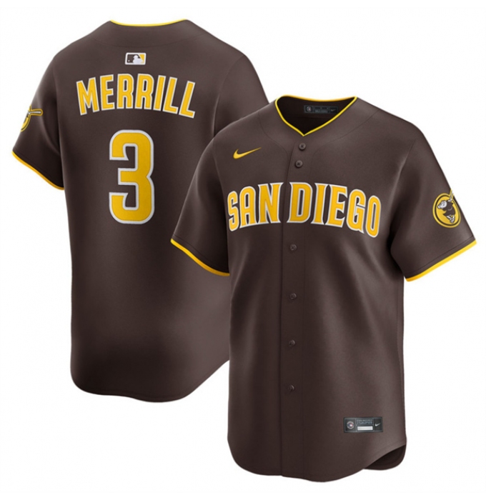 Men's San Diego Padres #3 Jackson Merrill Brown 2024 Away Limited Stitched Baseball Jersey