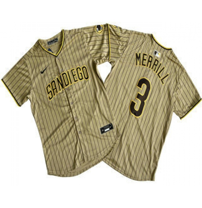 Men's San Diego Padres #3 Jackson Merrill Khaki Pinstripe Limited Stitched Jersey