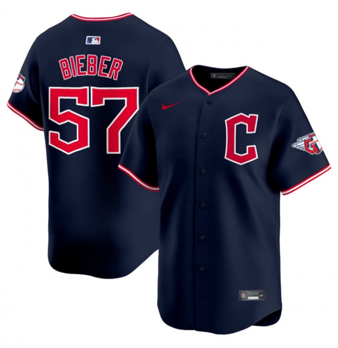 Men's Cleveland Guardians #57 Shane Bieber Navy 2025 Alternate Limited Stitched Baseball Jersey