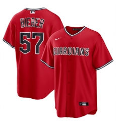 Men's Cleveland Guardians #57 Shane Bieber Red Cool Base Stitched Baseball Jersey