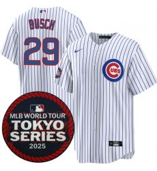 Men's Chicago Cubs #29 Michael Busch White 2025 World Tour Tokyo Series Home Stitched Baseball Jersey