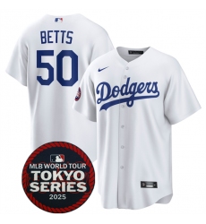 Men's Los Angeles Dodgers #50 Mookie Betts White 2025 World Tour Tokyo Series Home Stitched Baseball Jersey