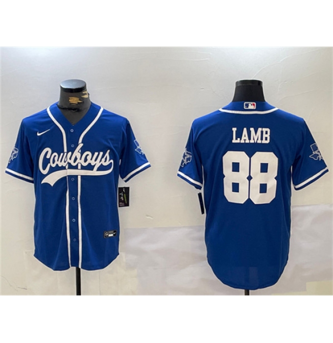 Men's Dallas Cowboys #88 CeeDee Lamb Royal With Cool Base Stitched Baseball Jersey