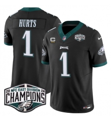 Men's Philadelphia Eagles #1 Jalen Hurts Black 2024 NFC East Champions With 3-Star C F.U.S.E. Vapor Untouchable Limited Stitched Football Jersey