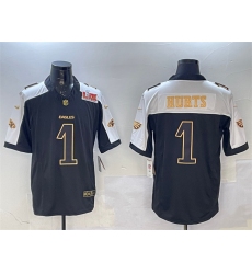 Men's Philadelphia Eagles #1 Jalen Hurts Black Gold 2025 Super Bowl LIX New F.U.S.E. Vapor Untouchable Limited Football Stitched Jersey