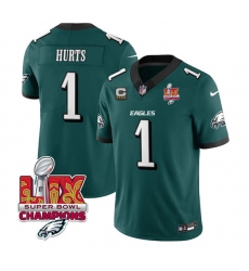 Men's Philadelphia Eagles #1 Jalen Hurts Green 2025 Eagles Logo Super Bowl LIX With 4-Star C New F.U.S.E. Vapor Untouchable Limited Football Stitched Jerse