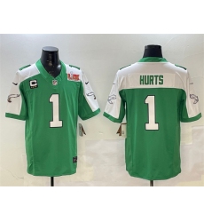 Men's Philadelphia Eagles #1 Jalen Hurts Green White 2025 Super Bowl LIX And 4-Star C F.U.S.E. Vapor Untouchable Limited Football Stitched Jersey