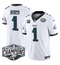 Men's Philadelphia Eagles #1 Jalen Hurts White 2024 NFC East Champions With 3-Star C F.U.S.E. Vapor Untouchable Limited Stitched Football Jersey