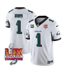 Men's Philadelphia Eagles #1 Jalen Hurts White 2025 Eagles Logo Super Bowl LIX New F.U.S.E. Vapor Untouchable Limited Football Stitched Jersey