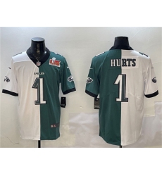 Men's Philadelphia Eagles #1 Jalen Hurts White & Green Split 2025 Super Bowl LIX Vapor Untouchable Limited Football Stitched Jersey