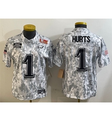 Women's Philadelphia Eagles #1 Jalen Hurts 2025 Super Bowl LIX F.U.S.E. Arctic Camo Salute to Service Limited Football Stitched Jersey(Run Small)