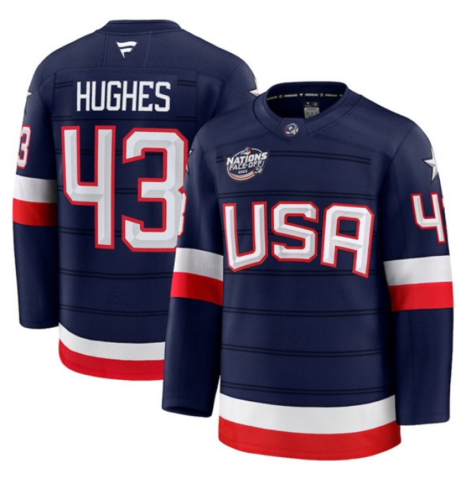 Men's USA #43 Quinn Hughes Navy 2025 4 Nations Face-Off Stitched Jersey