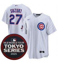 Men's Chicago Cubs #27 Seiya Suzuki White 2025 World Tour Tokyo Series Home Stitched Baseball Jersey