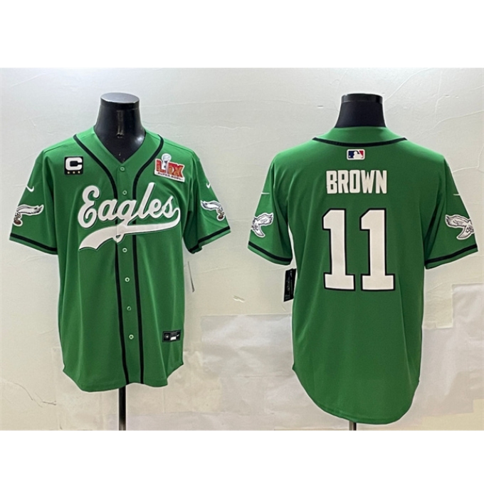 Men's Philadelphia Eagles #11 A.J. Brown Green 2025 Super Bowl LIX And 3-Star C Stitched Baseball Jersey