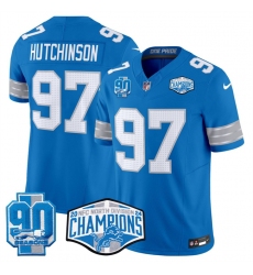 Men's Detroit Lions #97 Aidan Hutchinson Blue 2024 NFC North Champions 90th Anniversary F.U.S.E. Vapor Limited Stitched Jersey