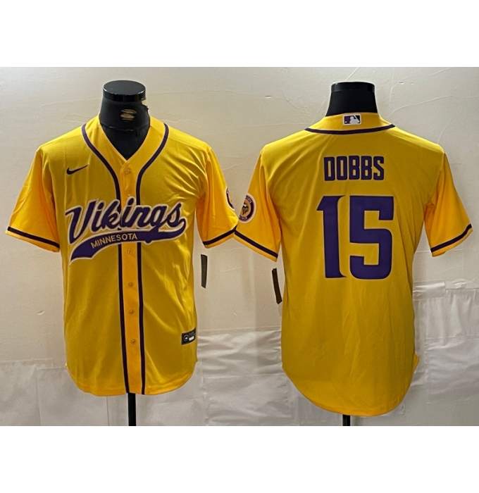 Men's Minnesota Vikings #15 Josh Dobbs Yellow With Cool Base Stitched Baseball Jersey