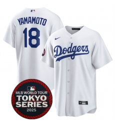 Men's Los Angeles Dodgers #18 Yoshinobu Yamamoto White 2025 World Tour Tokyo Series Home Stitched Baseball Jersey