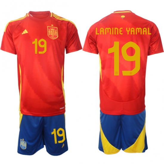 Men's Spain Team 19 Lamine Yamal 202425 Red Home Soccer Jersey Suit