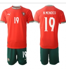 Men's Portugal Team #19 Nuno Mendes 2025 Red Home Soccer Jersey Suit