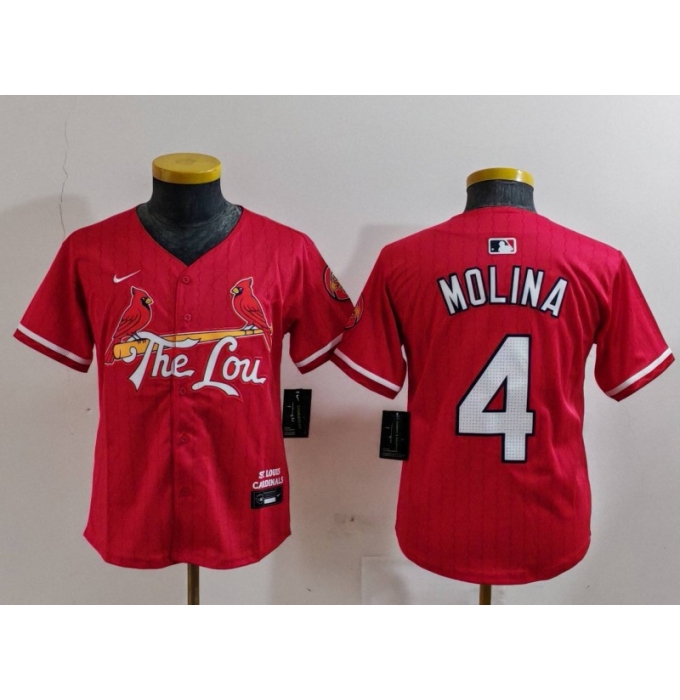 Youth St Louis Cardinals #4 Yadier Molina Red 2024 City Connect Stitched Baseball Jersey