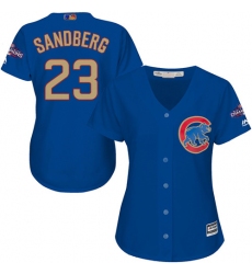 Women's Majestic Chicago Cubs #23 Ryne Sandberg Authentic Royal Blue 2017 Gold Champion MLB Jersey