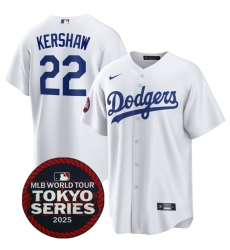 Men's Los Angeles Dodgers #22 Clayton Kershaw White 2025 World Tour Tokyo Series Home Stitched Baseball Jersey