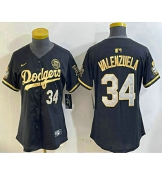 Women's Los Angeles Dodgers #34 Fernando Valenzuela Black Gold 2024 World Series 34 Stitched Cool Base Jersey