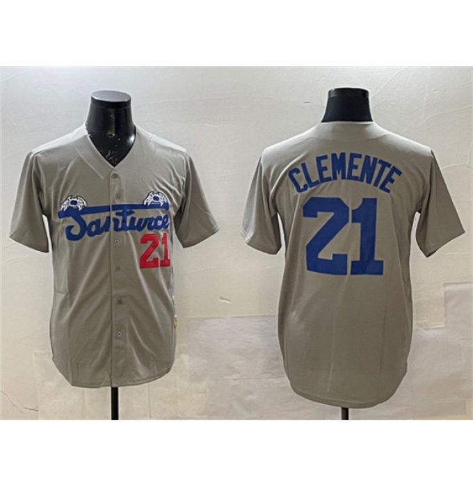 Men's Santurce Crabbers #21 Roberto Clemente Gray Cool Base Stitched Baseball Jersey