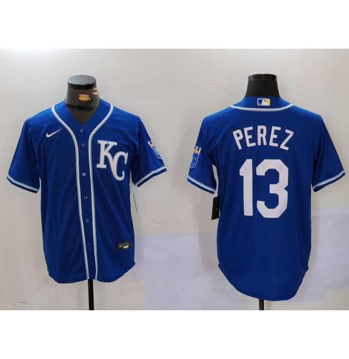 Men's Kansas City Royals #13 Salvador Perez Blue KC Cool Base Stitched Jersey