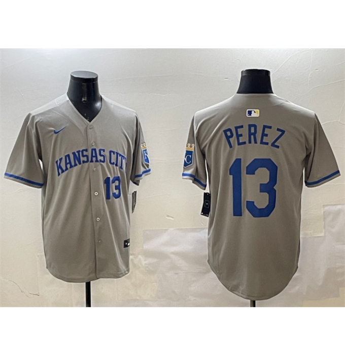 Men's Kansas City Royals #13 Salvador Perez Gray 2024 Away Limited Stitched Baseball Jersey