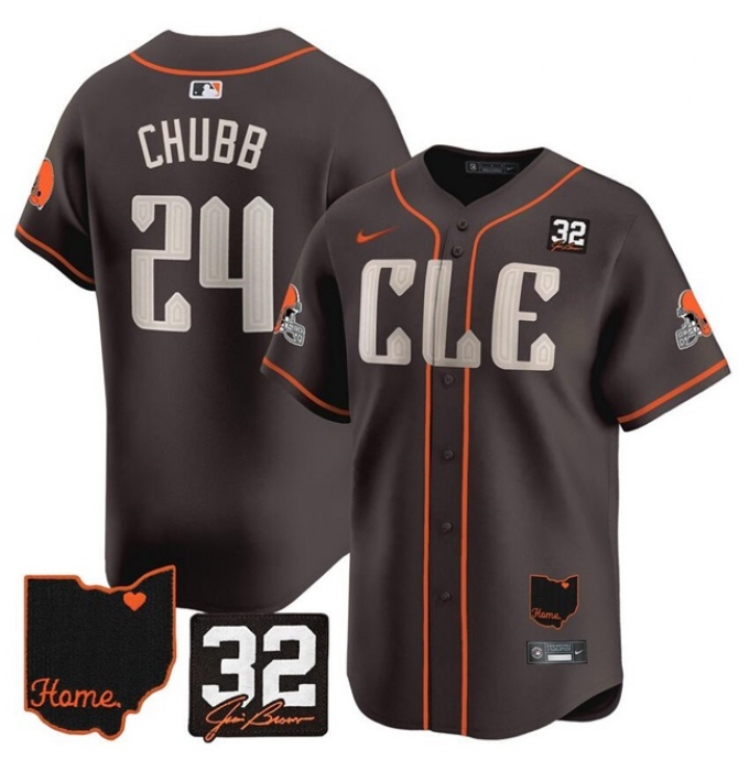 Men's Cleveland Browns #24 Nick Chubb Brown With Jim Brown Memorial & Home Vapor Premier Limited Stitched Baseball Jersey