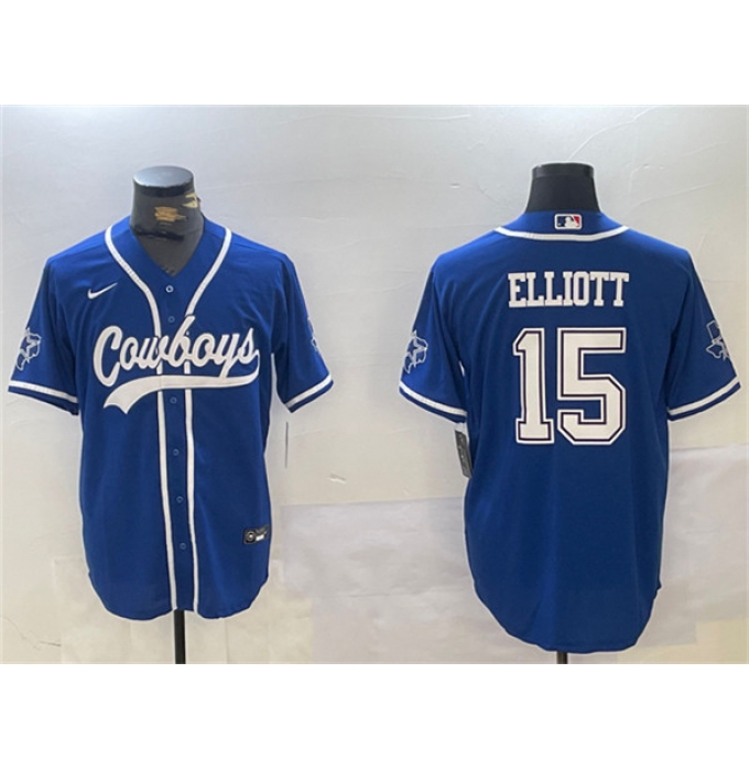 Men's Dallas Cowboys #15 Ezekiel Elliott Royal With Cool Base Stitched Baseball Jersey