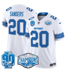 Men's Detroit Lions #20 Barry Sanders White 2024 NFC North Champions 90th Anniversary F.U.S.E. Vapor Limited Stitched Jersey